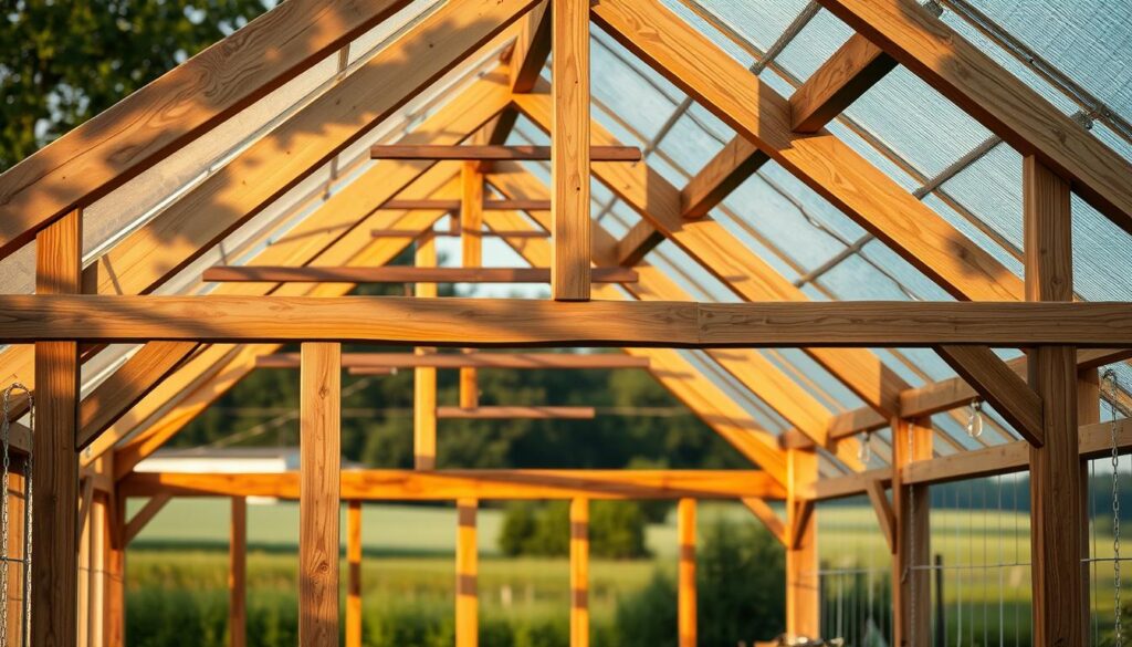 A well-constructed, sturdy greenhouse frame with robust wooden beams and angled braces, illuminated by warm, natural lighting. The structure stands prominently against a blurred, pastoral backdrop, conveying a sense of functional elegance and durability. The frame's intricate joinery and precise angles suggest meticulous craftsmanship, fitting the theme of a DIY project. The overall composition emphasizes the frame's key structural elements, such as the sturdy wall supports, intersecting rafters, and reinforcing gussets, to inspire the viewer's confidence in the greenhouse's sturdiness and stability. A well-constructed, sturdy greenhouse frame with robust wooden beams and angled braces, illuminated by warm, natural lighting. The structure stands prominently against a blurred, pastoral backdrop, conveying a sense of functional elegance and durability. The frame's intricate joinery and precise angles suggest meticulous craftsmanship, fitting the theme of a DIY project. The overall composition emphasizes the frame's key structural elements, such as the sturdy wall supports, intersecting rafters, and reinforcing gussets, to inspire the viewer's confidence in the greenhouse's sturdiness and stability.