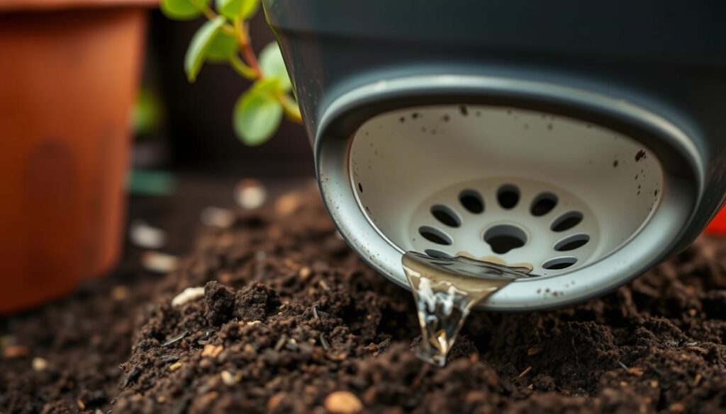A well-lit close-up shot of an outdoor planter with a transparent drainage hole at the bottom, showcasing the excess water draining out. The planter is filled with potting soil, and the background is slightly blurred, hinting at a garden setting. The lighting is soft and diffused, creating a warm, natural atmosphere. The angle is slightly elevated, allowing for a clear view of the drainage process. The overall composition emphasizes the importance of proper drainage in maintaining healthy container-grown plants. A well-lit close-up shot of an outdoor planter with a transparent drainage hole at the bottom, showcasing the excess water draining out. The planter is filled with potting soil, and the background is slightly blurred, hinting at a garden setting. The lighting is soft and diffused, creating a warm, natural atmosphere. The angle is slightly elevated, allowing for a clear view of the drainage process. The overall composition emphasizes the importance of proper drainage in maintaining healthy container-grown plants.