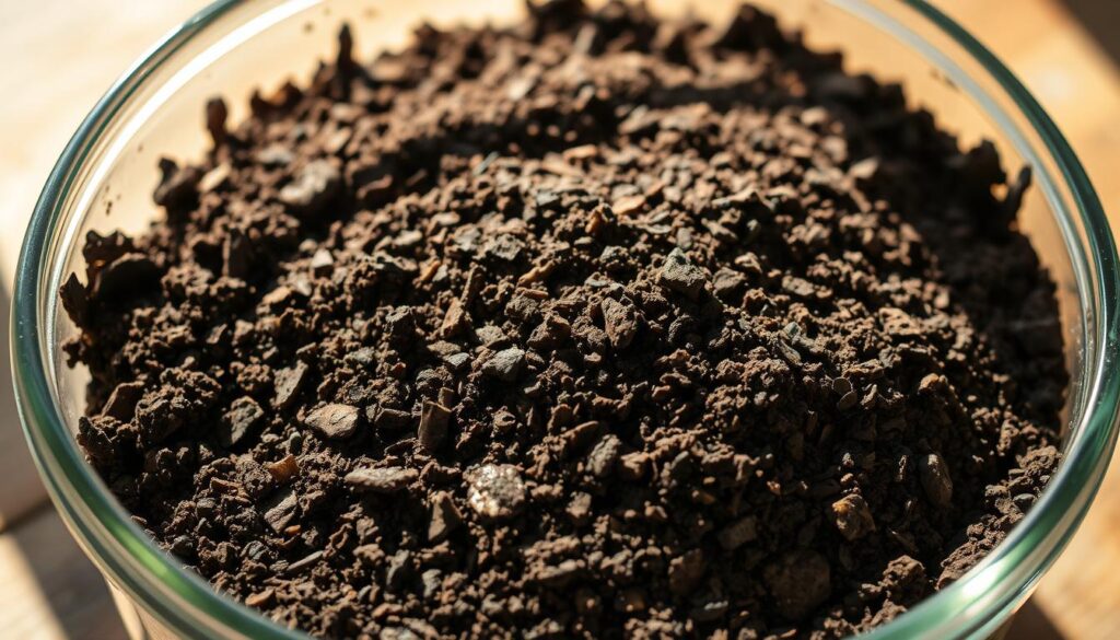 A well-lit, close-up view of a transparent glass container filled with a rich, dark-brown peat-free potting mix. The mix is composed of organic materials like compost, coconut coir, and perlite, creating a nutrient-dense, airy texture ideal for growing thriving herbs. Sunlight streams in from the side, casting warm, soft shadows that accentuate the mix's natural textures and hues. The container is placed on a wooden surface, hinting at a rustic, homemade setting perfect for cultivating a vibrant herb garden. The overall scene conveys a sense of sustainability, vitality, and a gardener's careful attention to nurturing plant life. A well-lit, close-up view of a transparent glass container filled with a rich, dark-brown peat-free potting mix. The mix is composed of organic materials like compost, coconut coir, and perlite, creating a nutrient-dense, airy texture ideal for growing thriving herbs. Sunlight streams in from the side, casting warm, soft shadows that accentuate the mix's natural textures and hues. The container is placed on a wooden surface, hinting at a rustic, homemade setting perfect for cultivating a vibrant herb garden. The overall scene conveys a sense of sustainability, vitality, and a gardener's careful attention to nurturing plant life.