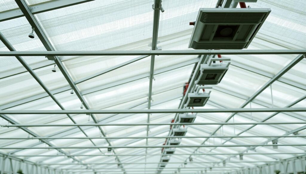 A well-lit greenhouse interior with a series of ventilation panels mounted on the walls and ceiling. The panels are made of sturdy, translucent materials like glass or polycarbonate, allowing natural light to filter through. The panels are arranged in a grid-like pattern, creating a sense of order and functionality. The lighting is bright and diffused, casting an even glow throughout the space. The camera angle is slightly elevated, offering a perspective that showcases the intricacy of the ventilation system and its integration with the overall greenhouse design. The atmosphere is one of efficiency and thoughtful engineering, reflecting the careful consideration of ventilation performance. A well-lit greenhouse interior with a series of ventilation panels mounted on the walls and ceiling. The panels are made of sturdy, translucent materials like glass or polycarbonate, allowing natural light to filter through. The panels are arranged in a grid-like pattern, creating a sense of order and functionality. The lighting is bright and diffused, casting an even glow throughout the space. The camera angle is slightly elevated, offering a perspective that showcases the intricacy of the ventilation system and its integration with the overall greenhouse design. The atmosphere is one of efficiency and thoughtful engineering, reflecting the careful consideration of ventilation performance.