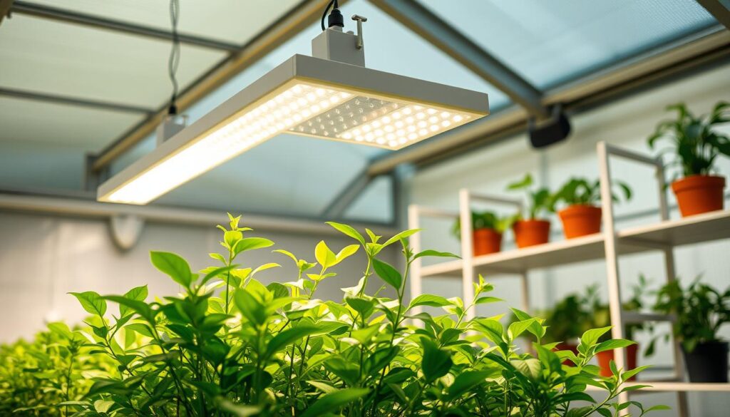 A well-lit greenhouse interior with a sleek, modern set of grow lights suspended from the ceiling. The lights are adjustable and emit a soft, natural glow, casting a warm and inviting ambiance over the lush greenery below. The middle ground features a variety of thriving plants, their vibrant leaves and stems reaching up towards the lights. In the background, a minimalist shelving system holds additional potted plants, creating a harmonious, organic composition. The overall scene conveys a sense of tranquility and optimal conditions for plant growth, perfectly suited for a home greenhouse setup. A well-lit greenhouse interior with a sleek, modern set of grow lights suspended from the ceiling. The lights are adjustable and emit a soft, natural glow, casting a warm and inviting ambiance over the lush greenery below. The middle ground features a variety of thriving plants, their vibrant leaves and stems reaching up towards the lights. In the background, a minimalist shelving system holds additional potted plants, creating a harmonious, organic composition. The overall scene conveys a sense of tranquility and optimal conditions for plant growth, perfectly suited for a home greenhouse setup.