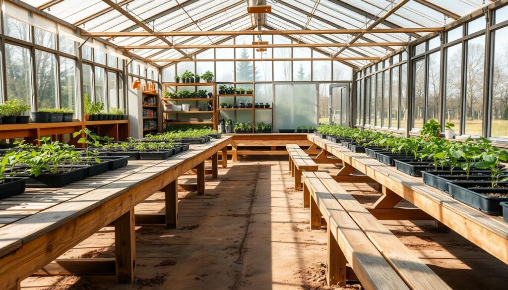 A well-lit greenhouse interior with sturdy, wooden benches arranged in a practical layout. The benches are lined up in rows, providing ample space for potted plants and trays. The natural light streams in through the glass walls and ceiling, creating a warm, inviting atmosphere. The benches have a distressed, rustic appearance, adding to the cozy, homely feel of the space. The background features neatly organized shelves and partitions, creating a sense of order and functionality. The camera angle captures the scene from a slightly elevated perspective, showcasing the efficient use of the available space.