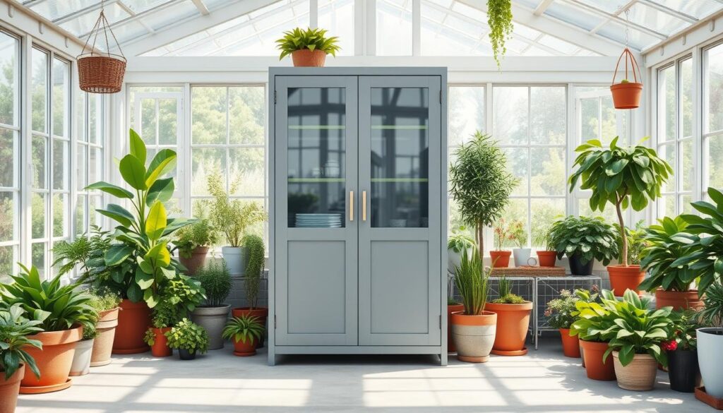A well-lit, high-resolution image of an IKEA Havsta cabinet in a bright, airy greenhouse setting. The cabinet is positioned in the middle ground, its sleek gray frame and tempered glass doors reflecting the natural light. Lush, verdant plants in various pots and planters surround the cabinet, creating a lush, botanical atmosphere. The background features a large window overlooking a garden, letting in ample sunlight. The overall scene conveys a sense of tranquility, organization, and the harmonious integration of a functional storage solution within a serene, plant-filled environment. A well-lit, high-resolution image of an IKEA Havsta cabinet in a bright, airy greenhouse setting. The cabinet is positioned in the middle ground, its sleek gray frame and tempered glass doors reflecting the natural light. Lush, verdant plants in various pots and planters surround the cabinet, creating a lush, botanical atmosphere. The background features a large window overlooking a garden, letting in ample sunlight. The overall scene conveys a sense of tranquility, organization, and the harmonious integration of a functional storage solution within a serene, plant-filled environment.