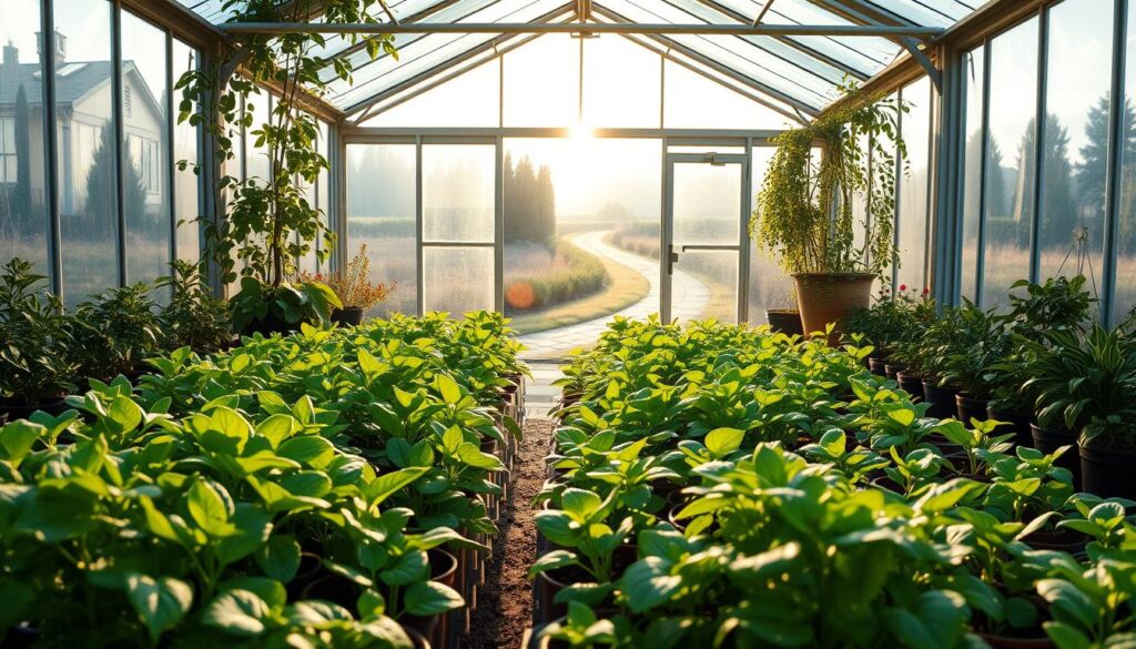 A well-lit, spacious greenhouse with a lush, verdant interior. The foreground features a diverse array of thriving potted plants and seedlings, their leaves glistening with morning dew. In the middle ground, sunlight streams through the glass panels, casting a warm, golden glow over the scene. The background showcases a serene, landscaped garden, with a winding path leading away from the greenhouse. The overall atmosphere is one of tranquility, productivity, and a sense of nature's abundance, perfectly capturing the transformation from a weekend hobby to a profitable plant-based side hustle. A well-lit, spacious greenhouse with a lush, verdant interior. The foreground features a diverse array of thriving potted plants and seedlings, their leaves glistening with morning dew. In the middle ground, sunlight streams through the glass panels, casting a warm, golden glow over the scene. The background showcases a serene, landscaped garden, with a winding path leading away from the greenhouse. The overall atmosphere is one of tranquility, productivity, and a sense of nature's abundance, perfectly capturing the transformation from a weekend hobby to a profitable plant-based side hustle.