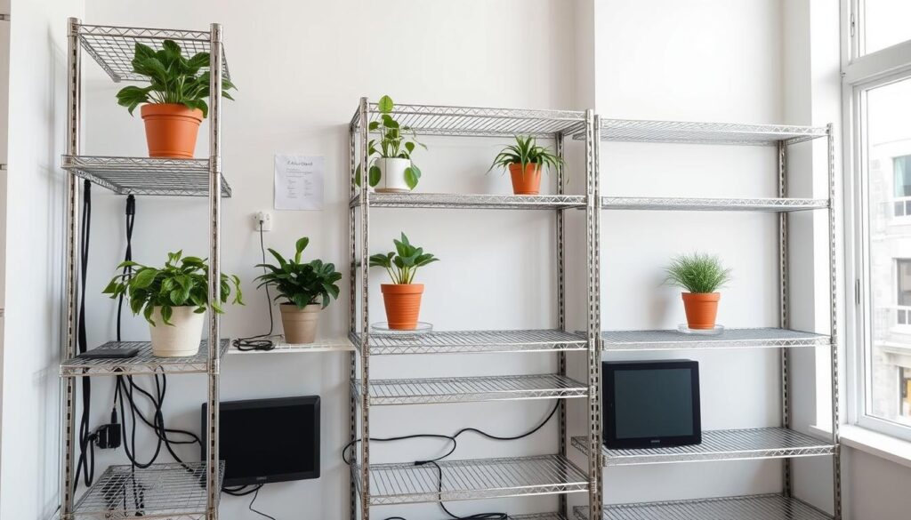 A well-organized set of sleek wire shelves in a bright, airy room with natural lighting. The shelves are meticulously arranged, with each level evenly spaced and perfectly level. The wire frames have a polished, industrial-chic aesthetic, complementing the clean, modern decor. Cables are neatly routed behind the shelves, creating a tidy, organized appearance. The shelves are adorned with potted plants, bringing a touch of lush greenery to the space. The overall atmosphere is one of functionality, simplicity, and a celebration of the beauty in practical design. A well-organized set of sleek wire shelves in a bright, airy room with natural lighting. The shelves are meticulously arranged, with each level evenly spaced and perfectly level. The wire frames have a polished, industrial-chic aesthetic, complementing the clean, modern decor. Cables are neatly routed behind the shelves, creating a tidy, organized appearance. The shelves are adorned with potted plants, bringing a touch of lush greenery to the space. The overall atmosphere is one of functionality, simplicity, and a celebration of the beauty in practical design.