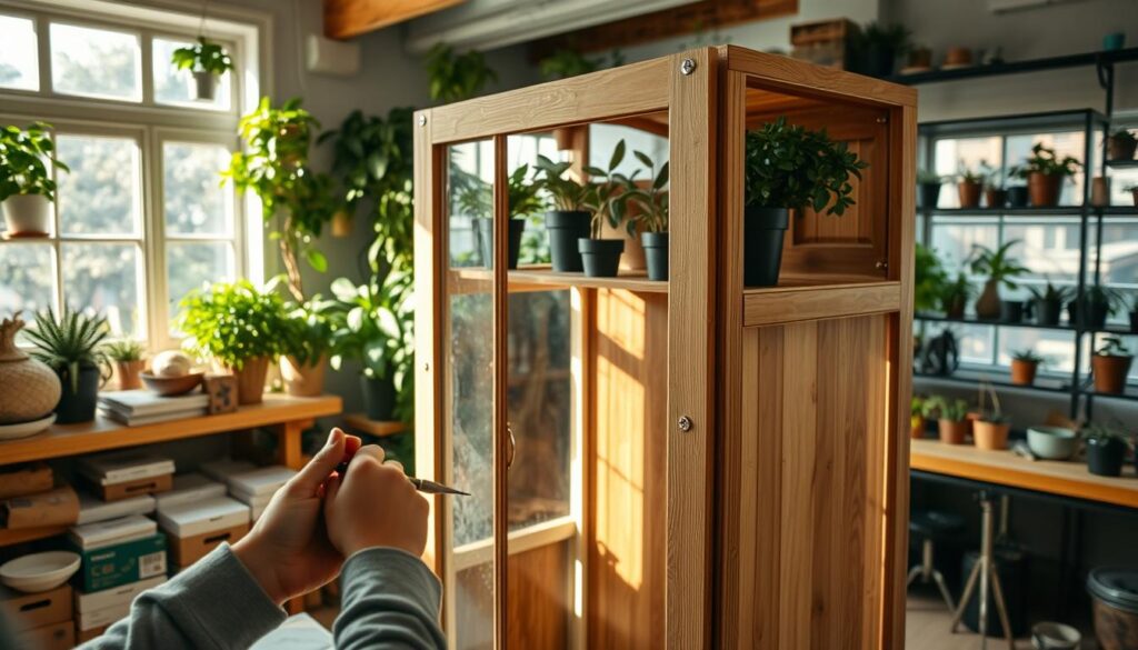 An IKEA greenhouse cabinet being assembled in a cozy, well-lit workshop. In the foreground, a person's hands carefully aligning the cabinet panels, using tools like a screwdriver and wrench. The middle ground features neatly organized boxes of cabinet hardware, instructions, and spare parts. In the background, shelves of potted plants and gardening supplies create a lush, botanical atmosphere. Soft, natural lighting from large windows casts a warm glow over the scene, highlighting the wood grain and industrial metal accents of the cabinet. The overall mood is one of focused, meticulous DIY work in pursuit of a plant-filled dream. An IKEA greenhouse cabinet being assembled in a cozy, well-lit workshop. In the foreground, a person's hands carefully aligning the cabinet panels, using tools like a screwdriver and wrench. The middle ground features neatly organized boxes of cabinet hardware, instructions, and spare parts. In the background, shelves of potted plants and gardening supplies create a lush, botanical atmosphere. Soft, natural lighting from large windows casts a warm glow over the scene, highlighting the wood grain and industrial metal accents of the cabinet. The overall mood is one of focused, meticulous DIY work in pursuit of a plant-filled dream.