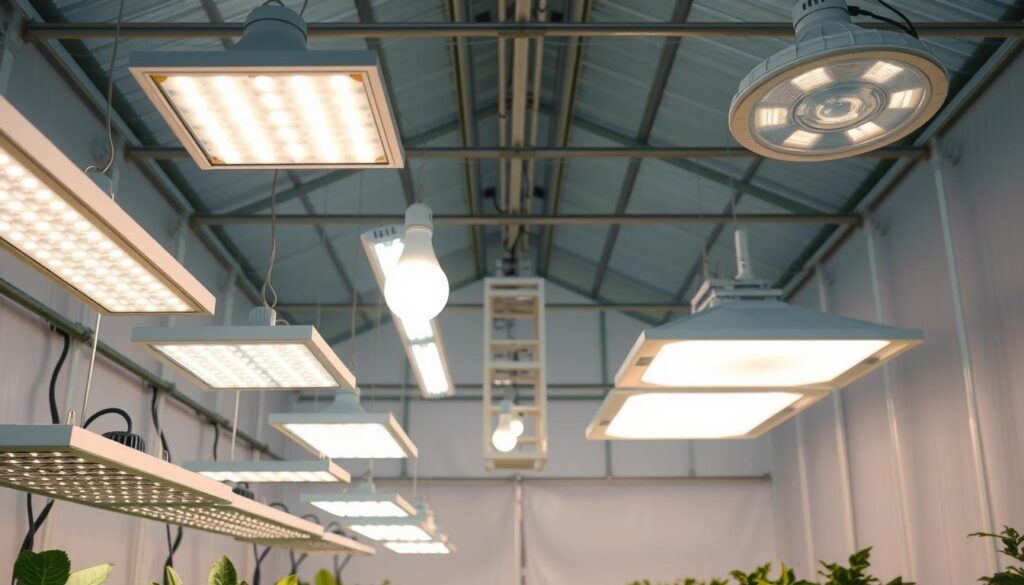 An array of different grow light fixtures in a modern, minimal greenhouse setting. In the foreground, a row of sleek LED grow lights in various shapes and sizes, their bright, full-spectrum illumination casting a warm glow. In the middle ground, several compact fluorescent bulbs suspended from the ceiling, providing uniform overhead lighting. In the background, a couple of large, high-intensity discharge (HID) lamps, their distinctive high-pressure sodium or metal halide bulbs emitting a powerful, broad-spectrum light. The greenhouse interior is airy and spacious, with clean white walls and floors, creating a calm, professional atmosphere conducive to year-round plant growth. An array of different grow light fixtures in a modern, minimal greenhouse setting. In the foreground, a row of sleek LED grow lights in various shapes and sizes, their bright, full-spectrum illumination casting a warm glow. In the middle ground, several compact fluorescent bulbs suspended from the ceiling, providing uniform overhead lighting. In the background, a couple of large, high-intensity discharge (HID) lamps, their distinctive high-pressure sodium or metal halide bulbs emitting a powerful, broad-spectrum light. The greenhouse interior is airy and spacious, with clean white walls and floors, creating a calm, professional atmosphere conducive to year-round plant growth.