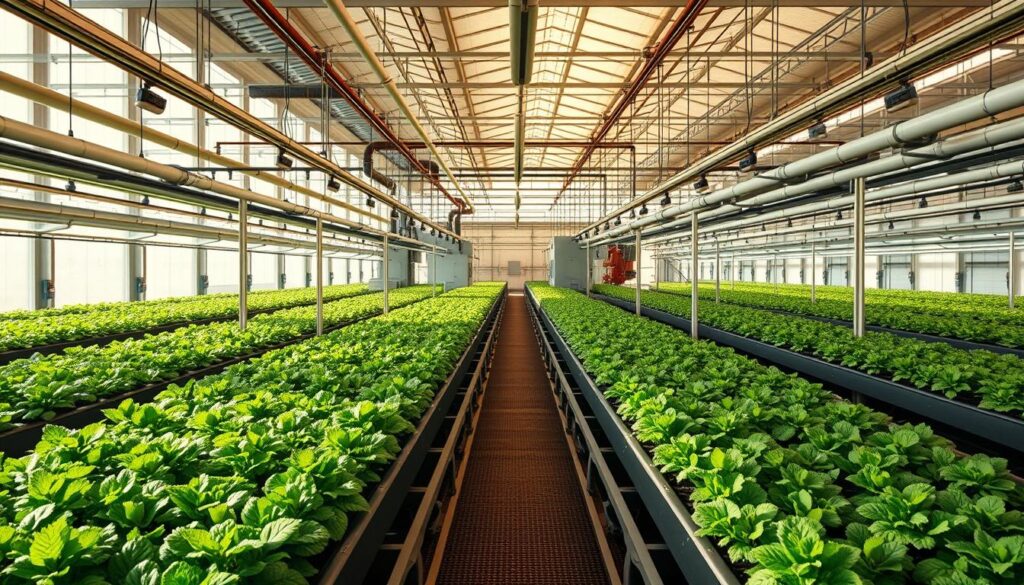 An industrial greenhouse with state-of-the-art production systems, bathed in warm, natural lighting. In the foreground, rows of lush, thriving plants arranged in efficient, automated grow beds. In the middle ground, a network of pipes, sensors, and control panels precisely managing irrigation, nutrients, and environmental conditions. In the background, high-efficiency grow lights and a climate-controlled environment, creating the perfect conditions for maximum yield and quality. The scene conveys a harmonious balance of advanced technology and natural abundance, inspiring a sense of productive efficiency. An industrial greenhouse with state-of-the-art production systems, bathed in warm, natural lighting. In the foreground, rows of lush, thriving plants arranged in efficient, automated grow beds. In the middle ground, a network of pipes, sensors, and control panels precisely managing irrigation, nutrients, and environmental conditions. In the background, high-efficiency grow lights and a climate-controlled environment, creating the perfect conditions for maximum yield and quality. The scene conveys a harmonious balance of advanced technology and natural abundance, inspiring a sense of productive efficiency.