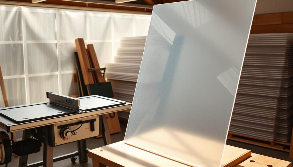 Polycarbonate panels, pristine and translucent, cast a soft glow over a well-organized workshop. A table saw stands ready, its blade gleaming, waiting to cleanly slice through the sturdy plastic sheets. Beside it, a drill press stands poised, its motorized arm precisely perforating pre-measured holes. In the background, neatly stacked panels and fasteners hint at the meticulous preparation necessary for a flawless greenhouse build. Warm, directional lighting accentuates the process, creating dynamic shadows that suggest the care and attention required to properly install these durable, weather-resistant panels. Polycarbonate panels, pristine and translucent, cast a soft glow over a well-organized workshop. A table saw stands ready, its blade gleaming, waiting to cleanly slice through the sturdy plastic sheets. Beside it, a drill press stands poised, its motorized arm precisely perforating pre-measured holes. In the background, neatly stacked panels and fasteners hint at the meticulous preparation necessary for a flawless greenhouse build. Warm, directional lighting accentuates the process, creating dynamic shadows that suggest the care and attention required to properly install these durable, weather-resistant panels.