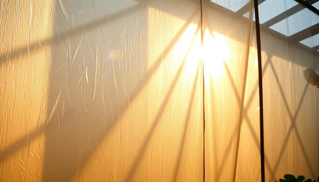 Reflective mylar panel bathed in warm, diffused lighting, casting a soft, ethereal glow throughout the greenhouse interior. Textured surface reflecting scattered rays, creating a mesmerizing pattern of shimmering highlights. Delicate shadows add depth and dimension, accentuating the material's metallic luster. Minimalist, clean design that seamlessly integrates with the surrounding natural elements. Serene, contemplative atmosphere that radiates a sense of tranquility and well-being.