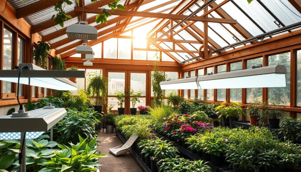 a cozy, well-lit greenhouse filled with lush greenery and thriving plants, the sunlight filtering in through large windows and skylights, casting a warm, inviting glow throughout the space. In the foreground, various types of grow lights are positioned strategically, illuminating the plants and providing the necessary supplemental lighting for year-round growth. The middle ground features a variety of potted plants, from leafy greens to vibrant flowers, arranged in an aesthetically pleasing layout. The background showcases the greenhouse structure, with its wooden beams and metal framing, creating a harmonious blend of nature and man-made elements. The overall atmosphere is one of tranquility, productivity, and the joy of gardening. a cozy, well-lit greenhouse filled with lush greenery and thriving plants, the sunlight filtering in through large windows and skylights, casting a warm, inviting glow throughout the space. In the foreground, various types of grow lights are positioned strategically, illuminating the plants and providing the necessary supplemental lighting for year-round growth. The middle ground features a variety of potted plants, from leafy greens to vibrant flowers, arranged in an aesthetically pleasing layout. The background showcases the greenhouse structure, with its wooden beams and metal framing, creating a harmonious blend of nature and man-made elements. The overall atmosphere is one of tranquility, productivity, and the joy of gardening.