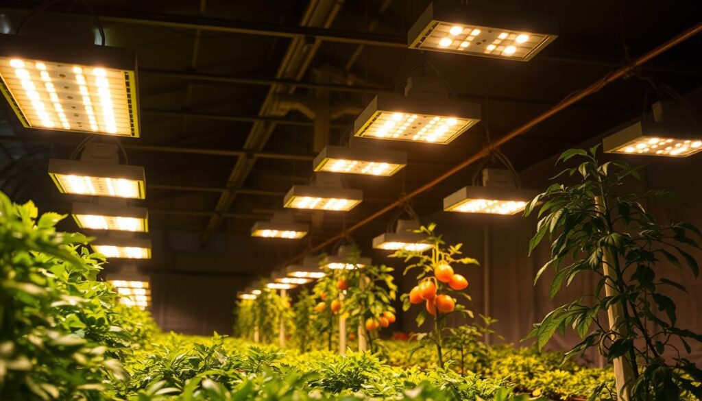 a dimly lit greenhouse interior with rows of lush, verdant plants illuminated by an array of high-efficiency LED grow lights suspended from the ceiling. The lights cast a warm, natural-looking glow that bathes the foliage in a soft, diffused light, promoting healthy growth and photosynthesis. In the foreground, a variety of leafy greens and herbs thrive under the carefully calibrated lighting system, while in the middle ground, taller plants like tomatoes and peppers stretch towards the luminous fixtures. The background is softly blurred, emphasizing the central focus on the vibrant, flourishing plants and the thoughtfully designed lighting setup that enables year-round greenhouse cultivation. a dimly lit greenhouse interior with rows of lush, verdant plants illuminated by an array of high-efficiency LED grow lights suspended from the ceiling. The lights cast a warm, natural-looking glow that bathes the foliage in a soft, diffused light, promoting healthy growth and photosynthesis. In the foreground, a variety of leafy greens and herbs thrive under the carefully calibrated lighting system, while in the middle ground, taller plants like tomatoes and peppers stretch towards the luminous fixtures. The background is softly blurred, emphasizing the central focus on the vibrant, flourishing plants and the thoughtfully designed lighting setup that enables year-round greenhouse cultivation.
