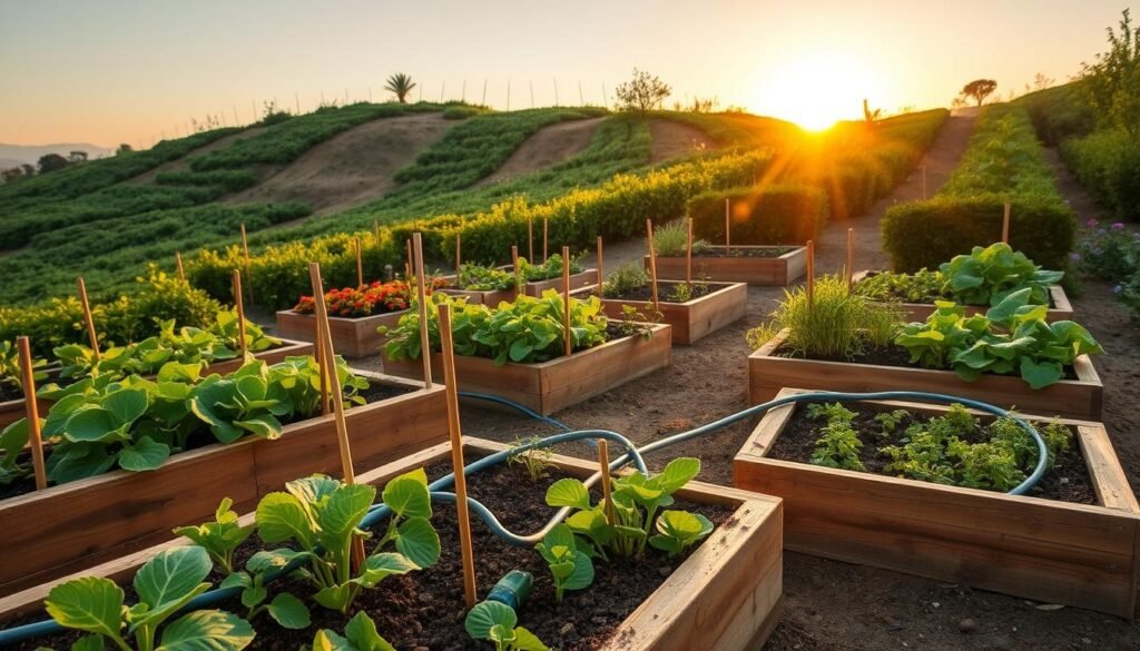 raised bed drip system for hillside garden with stakes raised bed drip system for hillside garden with stakes